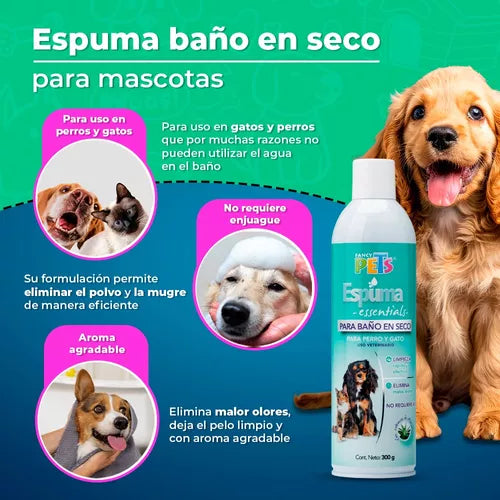 Kit de Baño en Seco para Perro y Gato | Espuma, Cepillos, Toallitas, Pasta Dental, Fragancia y Collar Antipulgas | Limpieza Fácil y Sin Agua