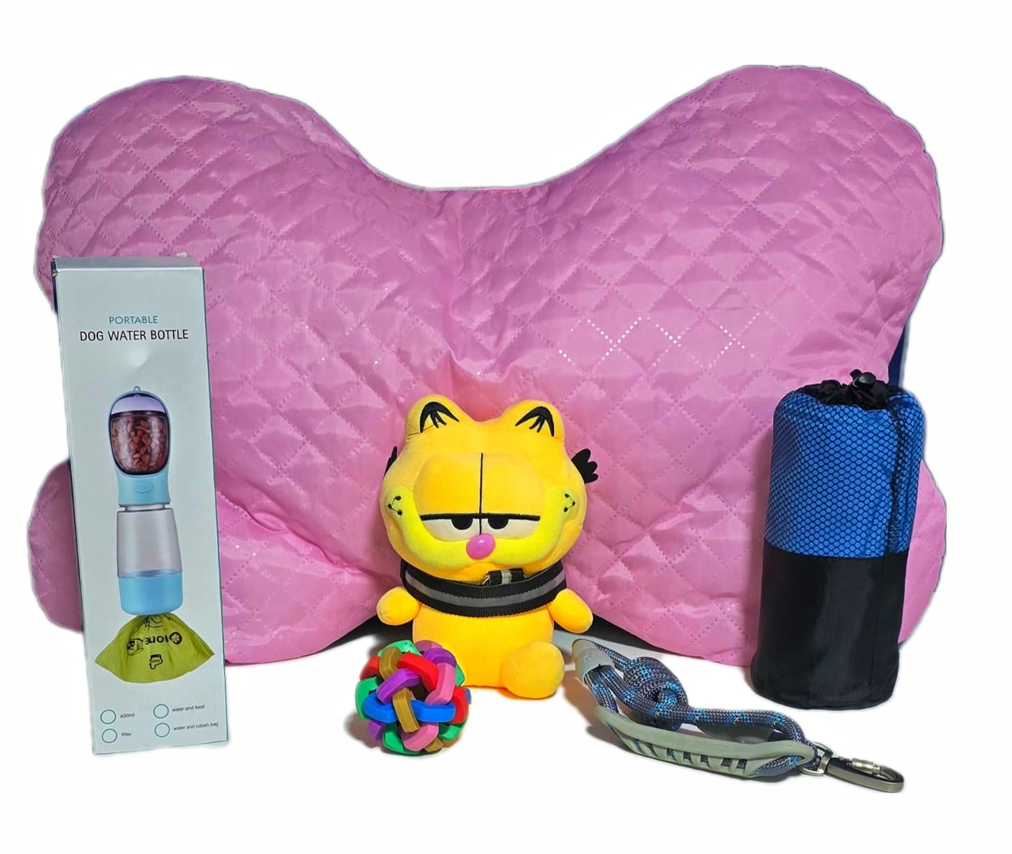 Paquete Mascota Office-Friendly talla chica / mediana| Cama Pequeña para Oficina, Dispensador de Agua y Comida Compacto, Juguete Antiestrés y bolsa tipo morral