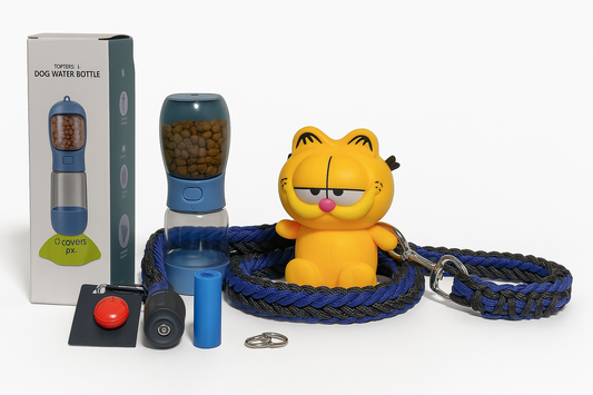 Kit de Paseo para Perro Grande | Correa Trenzada con Collar, Dispensador de Bolsas con Linterna, LED Clip, Agua y Alimento, Higiene y Seguridad
