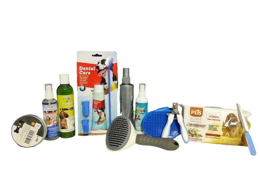 Kit de Baño Completo para Perros | Shampoo, Cepillo, Spray Dental, Toallitas, Collar Antipulgas y Más | Higiene y Cuidado Anima