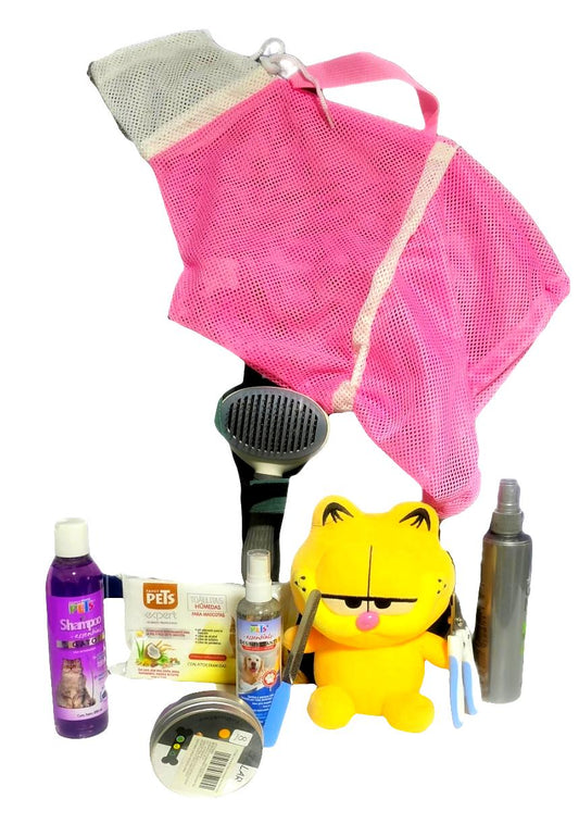 Kit de Baño Completo para Gatos | Bolsa de Baño, Shampoo, Cepillos, Toallitas, Collar Antipulgas y Más | Higiene y Cuidado Felino