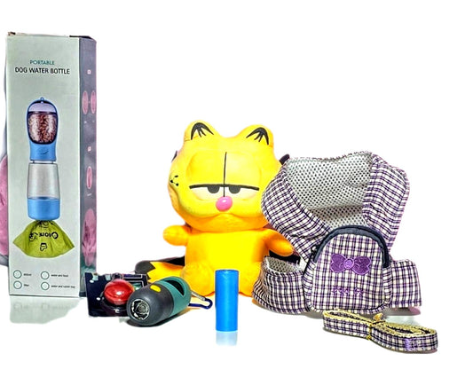 Kit de Paseo para Perro o Gato Talla Chica | Correa con Pechera y Mochila, Dispensador de Bolsas con Linterna, LED Clip, Agua y Alimento, Higiene