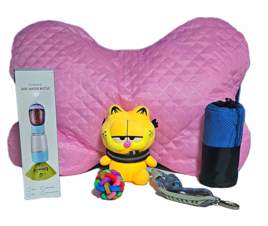Paquete Mascota Office-Friendly talla chica / mediana| Cama Pequeña para Oficina, Dispensador de Agua y Comida Compacto, Juguete Antiestrés y bolsa tipo morral