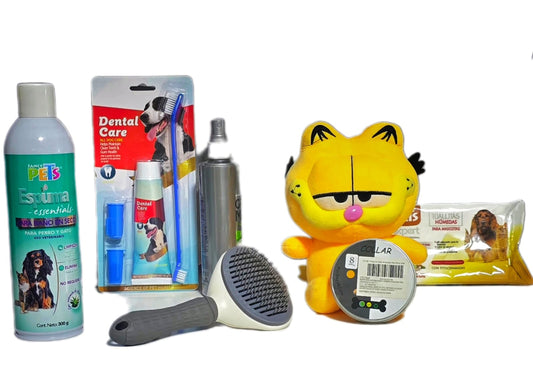 Kit de Baño en Seco para Perro y Gato | Espuma, Cepillos, Toallitas, Pasta Dental, Fragancia y Collar Antipulgas | Limpieza Fácil y Sin Agua